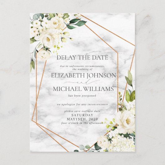 結婚の日付延期の白フローラ幾何学模様 案内ポストカード (正面)