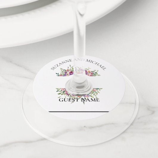 結婚の明るいフローラ水の色パーソナライズされた ワイングラスタグ (クローズアップ)