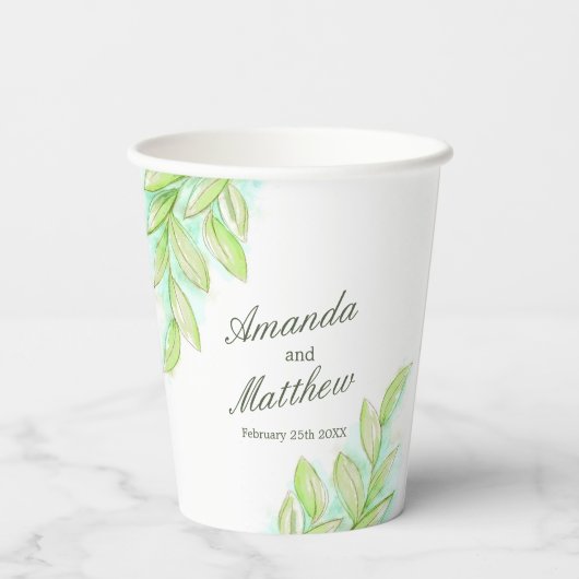 結婚の春グリーン葉名前をカスタムする 紙コップ (裏面)