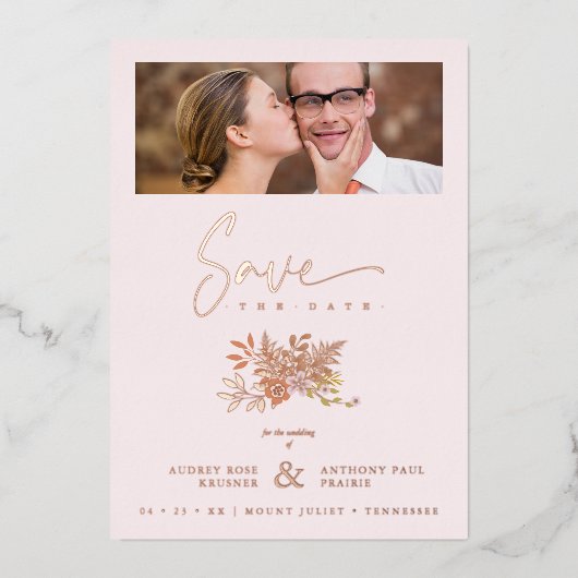 結婚の春フローラピンク写真 箔招待状 (正面)