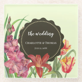 結婚の暖色フローラ春開花絵画 ガラスコースター