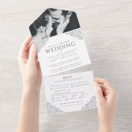 結婚の暗い灰色の白葉い写真集RSVP オールインワン招待状