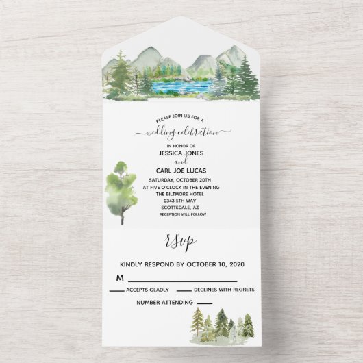 結婚の森の水の色リバーマウンテンアウトドア オールインワン招待状 (内側)