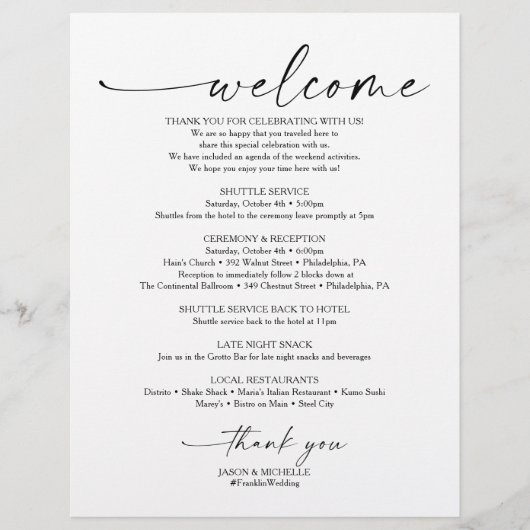 結婚の歓迎と旅程の文字8.5 x 11 レターヘッド (正面)