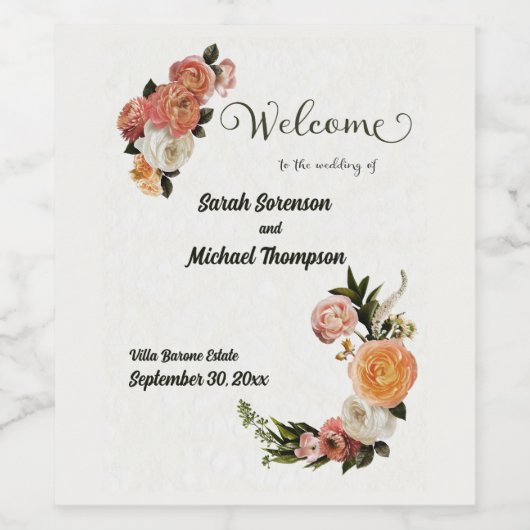 結婚の歓迎サインパーソナライズされたフローラ ワインラベル (シングルラベル)