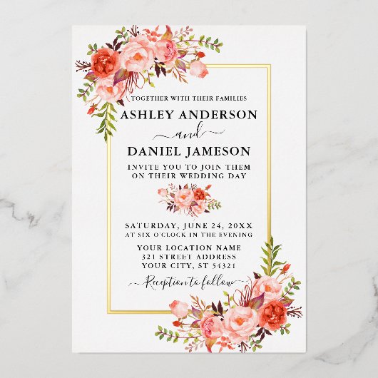 結婚の水エレガント色サンゴフローラ金ゴールド 箔招待状 (正面)