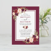 結婚の水彩フローラバーガンディのフレーム写真 招待状 (スタンド正面)