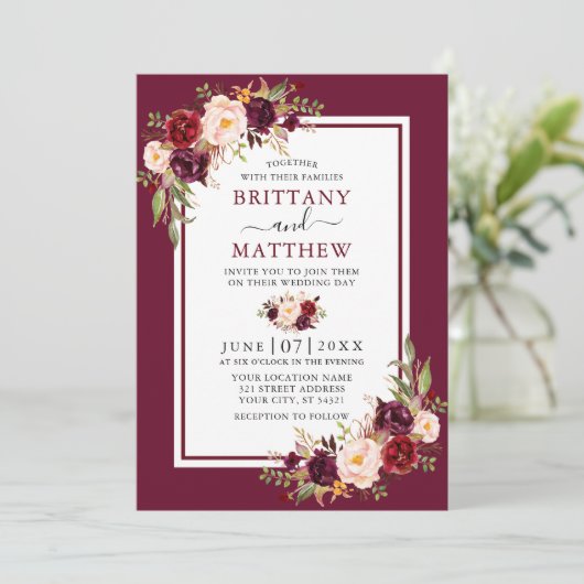 結婚の水彩フローラバーガンディのフレーム写真 招待状 (スタンド正面)