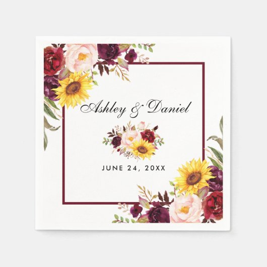 結婚の水彩フローラバーガンディーフレーム スタンダードカクテルナプキン (正面)