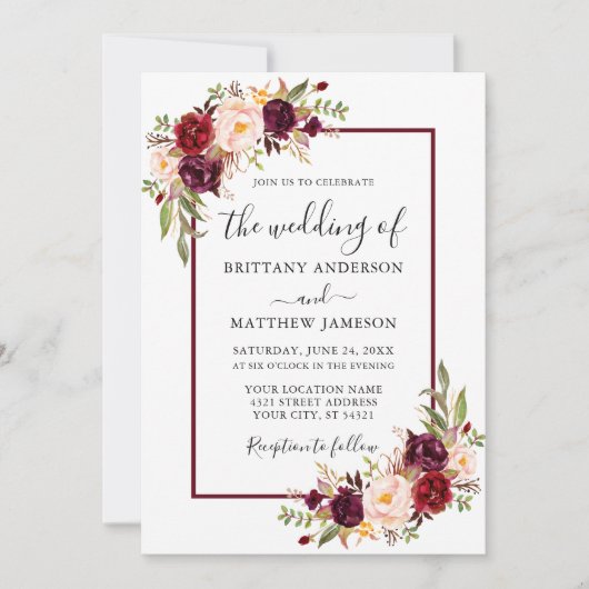 結婚の水彩フローラバーガンディーフレーム 招待状 (正面)