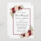 結婚の水彩フローラバーガンディーフレーム 招待状 (正面/裏面)