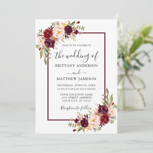 結婚の水彩フローラバーガンディ写真 招待状 (スタンド正面)