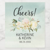 結婚の水彩フローラピンクグリーン応援! ワインラベル (シングルラベル)