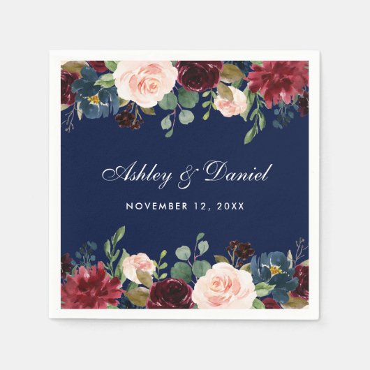 結婚の水彩フローラブルゴーニュ・ブルー スタンダードカクテルナプキン (正面)