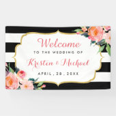 結婚の水彩フローラ白黒ストライプ 横断幕 (横)