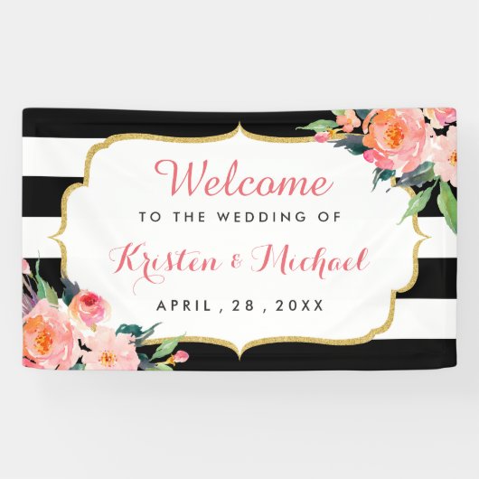 結婚の水彩フローラ白黒ストライプ 横断幕 (横)