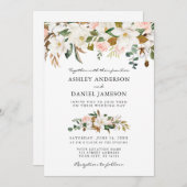 結婚の水彩マグノリアバラ緑 招待状 (正面/裏面)