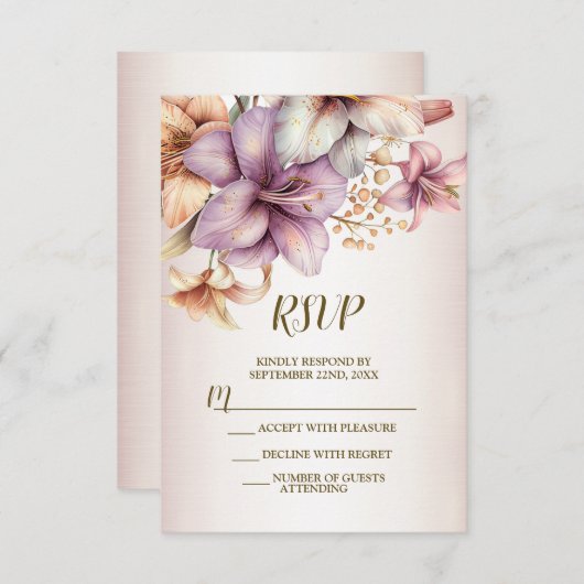 結婚の水彩房保桃色エレガント花 出欠カード (正面/裏面)