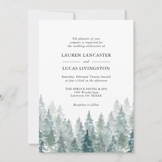 結婚の水彩松素朴林グリーン 招待状 (正面)