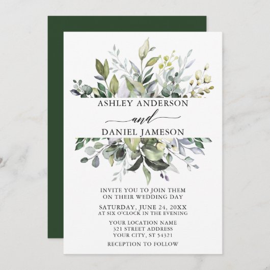 結婚の水彩植物樹エレガント林 招待状 (正面/裏面)