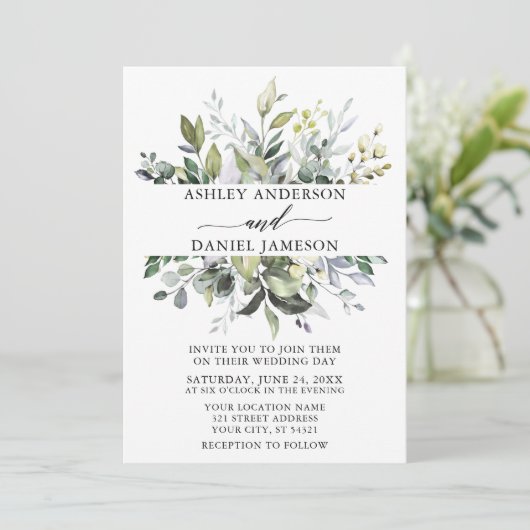 結婚の水彩植物緑色写真 招待状 (スタンド正面)