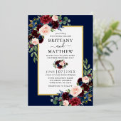 結婚の水彩混色フローラブルー金ゴールド 箔招待状 (立ち正面)