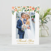 結婚の水彩珊瑚フローラ写真金ゴールド サンキューカード (スタンド正面)