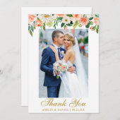 結婚の水彩珊瑚フローラ写真金ゴールド サンキューカード (正面/裏面)
