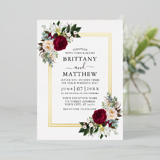 結婚の水彩画フローラ2フレーム金ゴールド 箔招待状 (立ち正面)