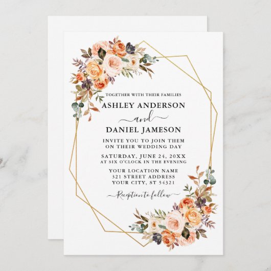 結婚の水彩秋のフローラジオフレーム 招待状 (正面/裏面)