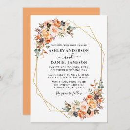 結婚の水彩秋フローラジオフレームピーチ 招待状