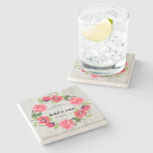 結婚の水彩赤とピンクの花リース ストーンコースター (横)