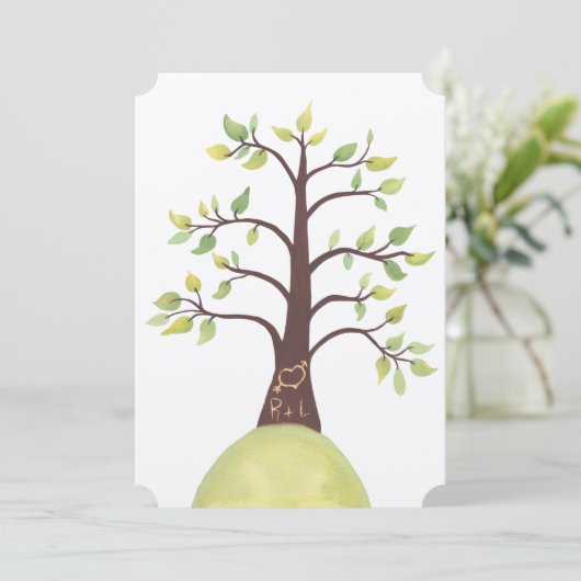 結婚の水色の木のイニシャルが幹に彫られる 招待状 (スタンド正面)