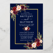 結婚の水色フローラフォトブルー金ゴールド 箔招待状 (正面)