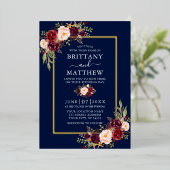 結婚の水色フローラフォトブルー金ゴールド 箔招待状 (立ち正面)