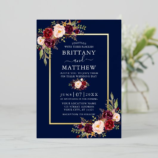 結婚の水色フローラフォトブルー金ゴールド 箔招待状 (立ち正面)