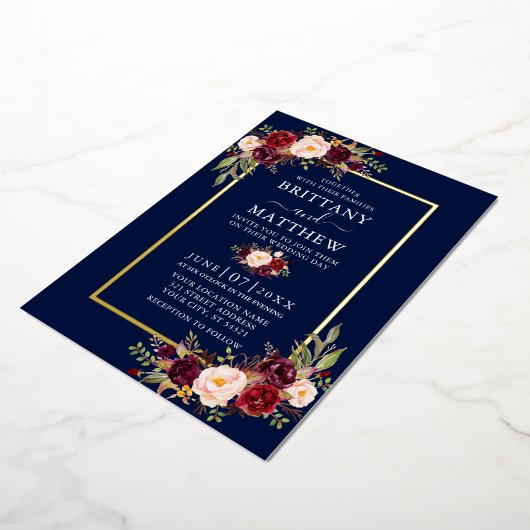結婚の水色フローラフォトブルー金ゴールド 箔招待状 (回転した状態)