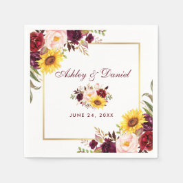 結婚の水色フローラ金ゴールドフレーム スタンダードカクテルナプキン