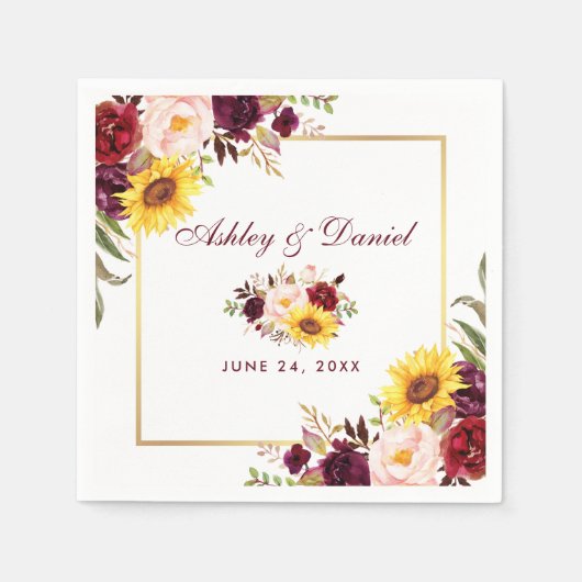 結婚の水色フローラ金ゴールドフレーム スタンダードカクテルナプキン (正面)