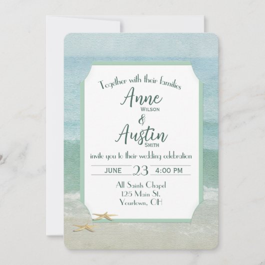 結婚の水色海ビーチ枠 招待状 (正面)