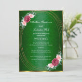 結婚の濃い緑の金ゴールドピンク赤い花クラシック色 招待状 (スタンド正面)
