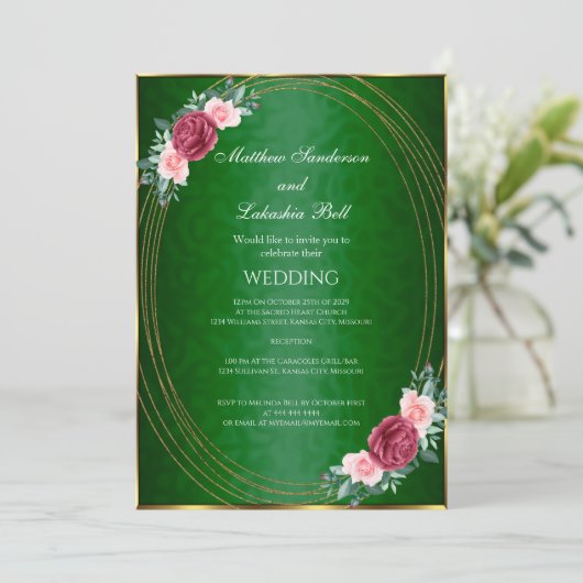 結婚の濃い緑の金ゴールドピンク赤い花クラシック色 招待状 (スタンド正面)