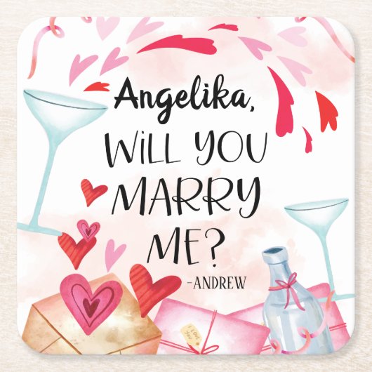 結婚の申出 |私と結婚してくれる？名前をカスタムする スクエアペーパーコースター (正面)