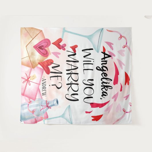 結婚の申出 |私と結婚してくれる？名前をカスタムする タペストリー (正面(横))