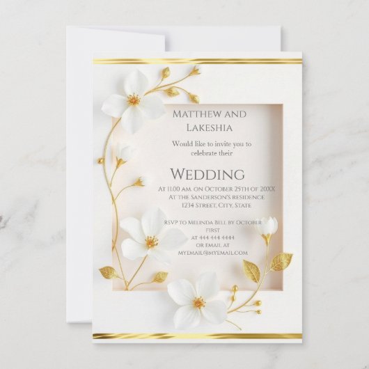 結婚の白い花金ゴールド美しい招待状 招待状 (裏面)