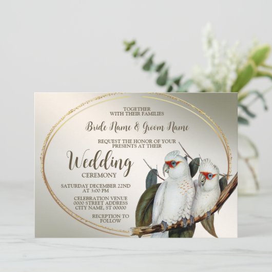 結婚の白い鳥のコカトゥー緑葉の素朴粒 招待状 (スタンド正面)