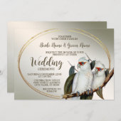 結婚の白い鳥のコカトゥー緑葉の素朴粒 招待状 (正面/裏面)