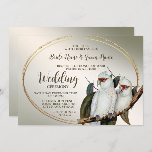 結婚の白い鳥のコカトゥー緑葉の素朴粒 招待状 (正面/裏面)