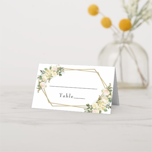 結婚の白エレガントシックバラフローラ金ゴールドフレーム プレイスカード (正面)