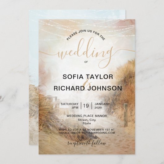 結婚の目的地サンドダネスビーチグラスインビタット 招待状 (正面/裏面)